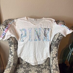 PINK Victoria's Secret White Sparkle 3/4 Sleeve Top